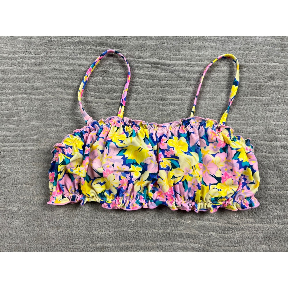 California Sunshine Bikini Top Womens Small Pink Floral Ruffle Bandeau Swim